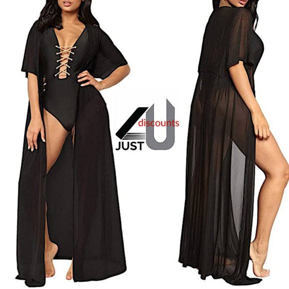 black long Plus Size Mesh Tie Front Duster robe - Picture 2 of 3